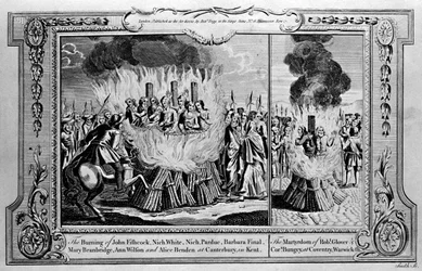 Die Verbrennung von John Fishcock und das Martyrium von Robert Glover, aus „Das neue und vollständige Buch der Märtyrer“ von Paul Wright